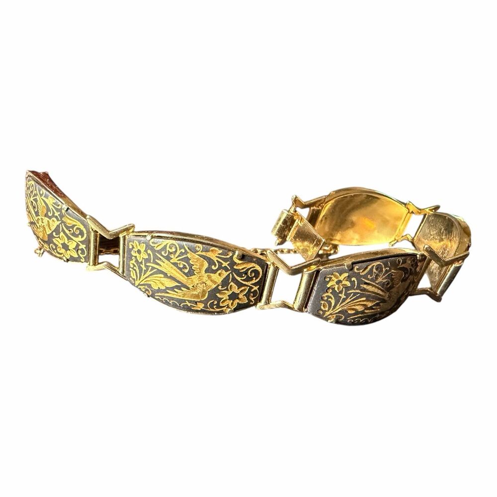 Vintage Damascene Bird Panel Bracelet Gold Tone Black Floral Safety Chain Signed - Picture 6 of 6